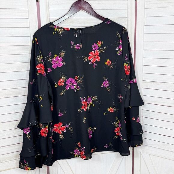 Worthington Floral Tiered Ruffle Bell Sleeve Blouse Black Pink Large - Picture 8 of 12